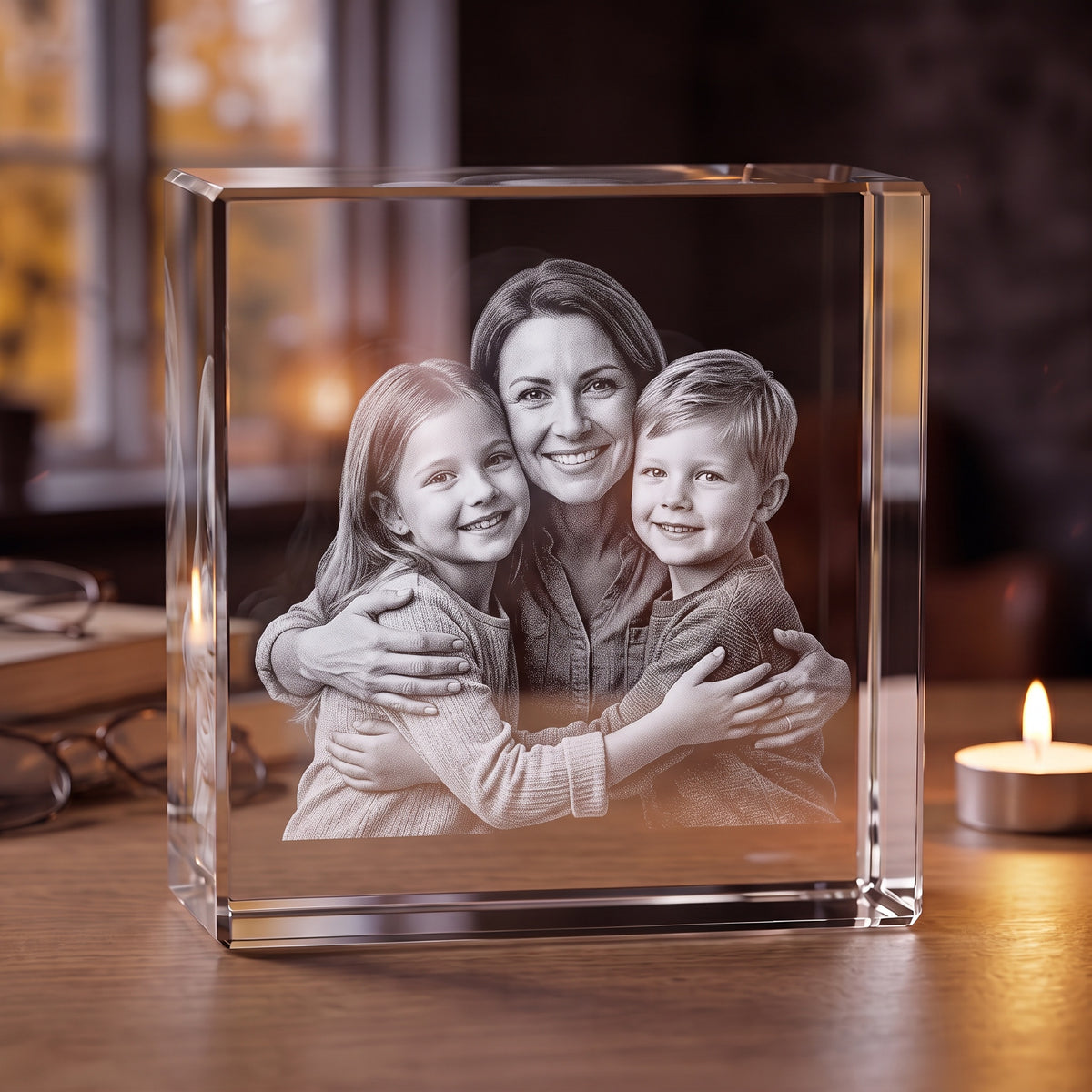 Kvadratisk glasblok med 3D-lasergraveret tante, der krammer sin niece og nevø