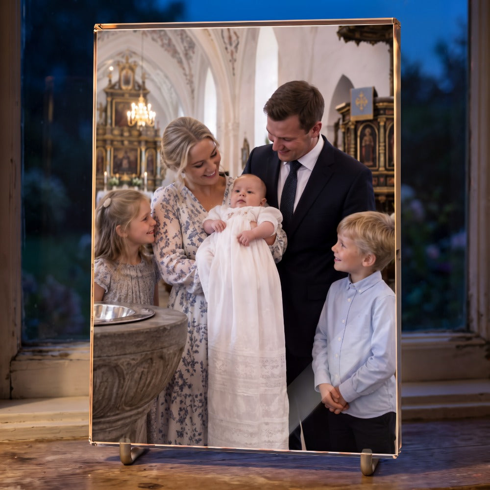 Printglas med farvetryk af familiefoto fra en barnedåb i kirken