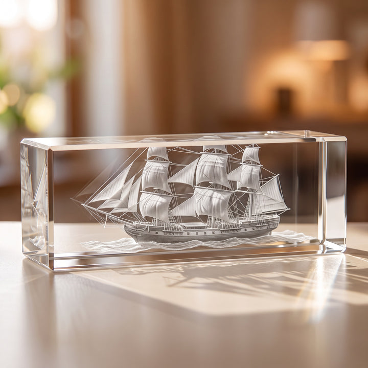 Lying glass block 10 x 10 x 30 cm with 3D-engraved sailing ship