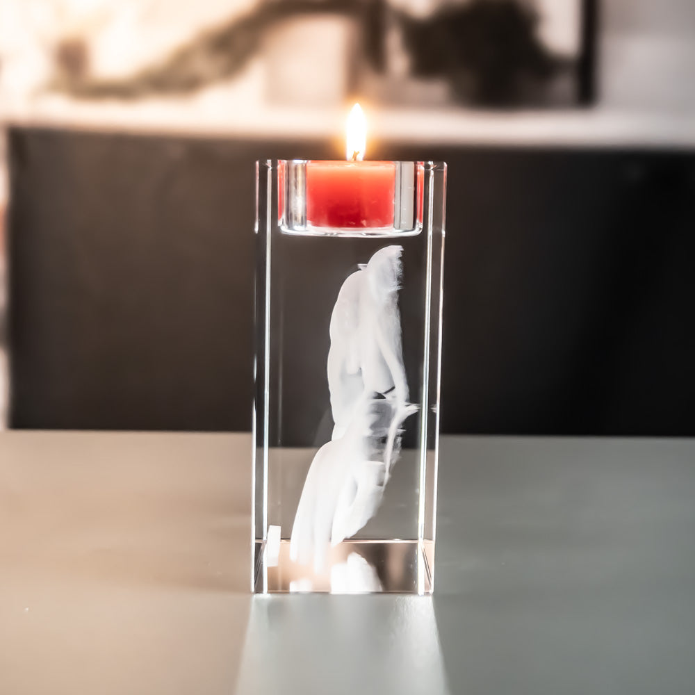Holder for 2 tea lights seen from the side, showing the depth of the glass