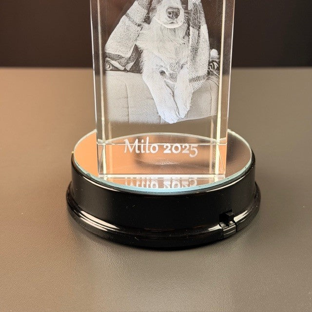 Black round battery light base with glass block with engraved photo and text