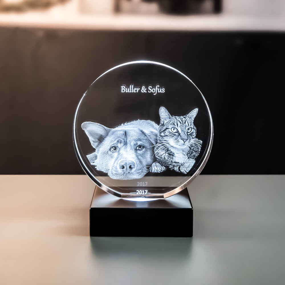 Round glass block with engraved dog and cat on a luxury light base