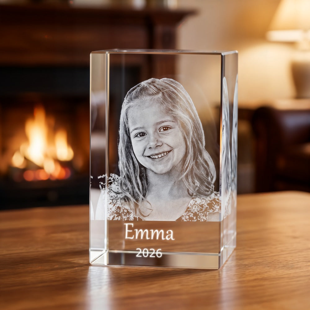 Rectangular crystal glass block with 3D laser-engraved portrait of a girl and name