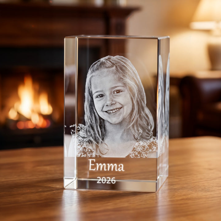 Rectangular crystal glass block with 3D laser-engraved portrait of a girl and name