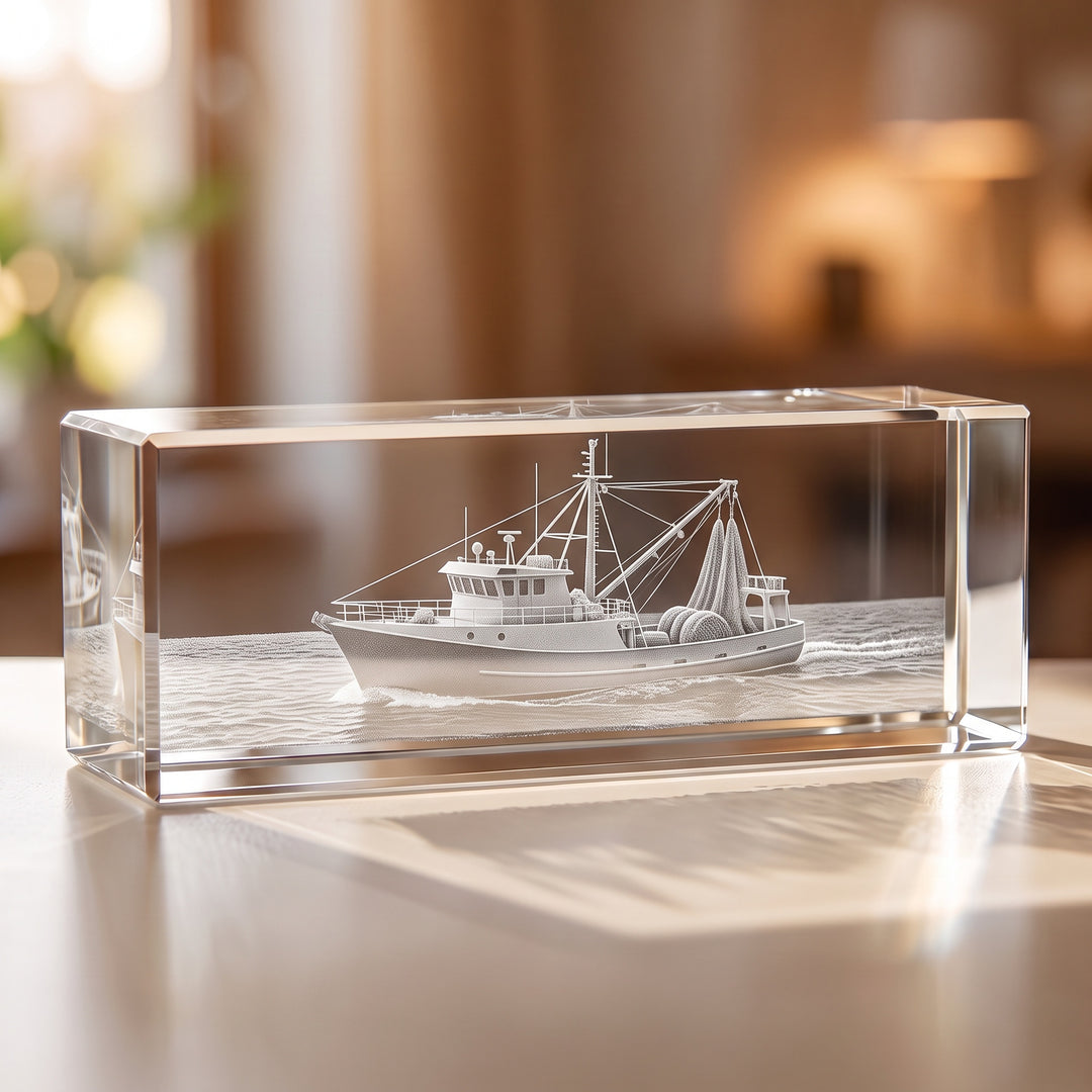 Lying glass block 10 x 10 x 30 cm with 3D-engraved fishing boat