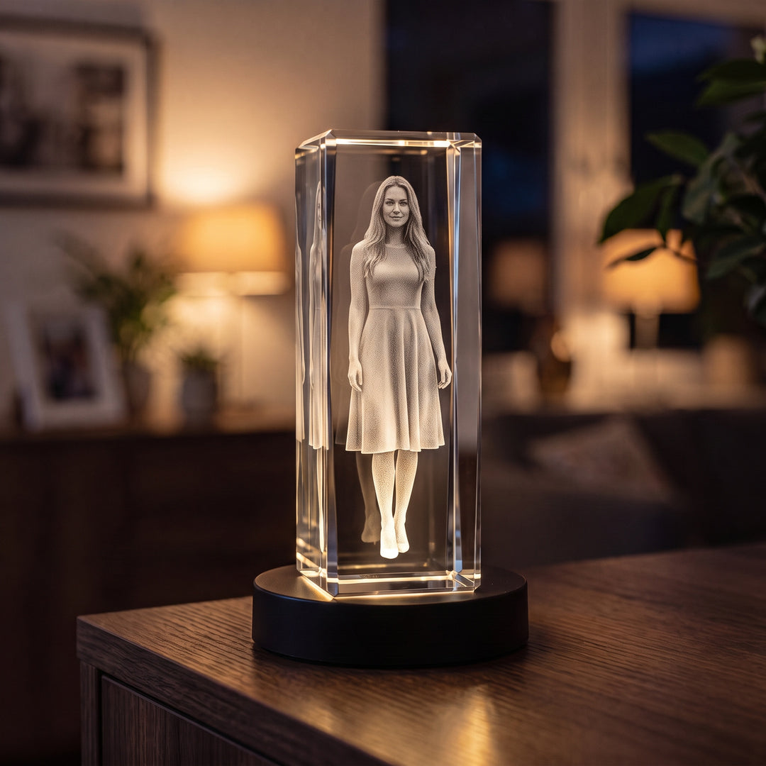 Tall glass block with 3D-engraved standing woman on a black light base