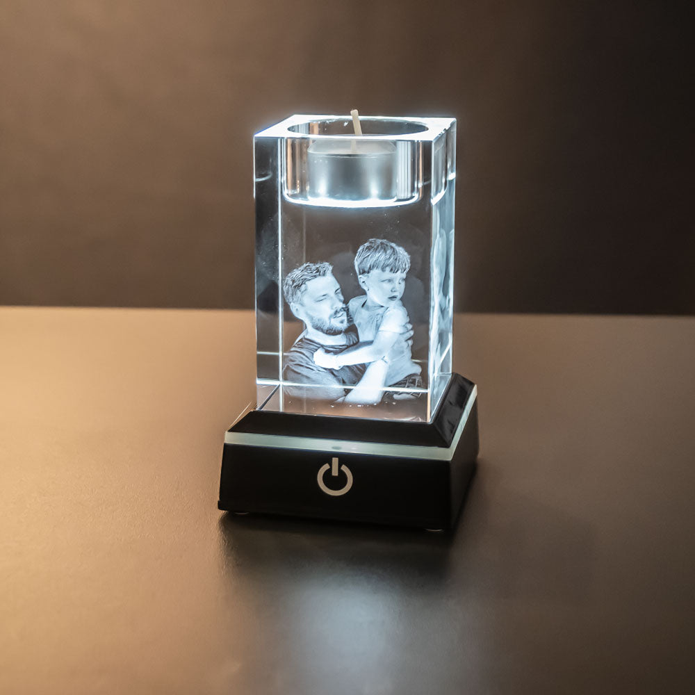 Black light base with glass block with engraved photo in white light