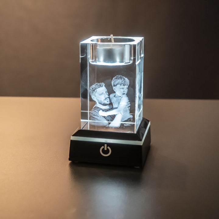 Black light base with glass block with engraved photo in white light