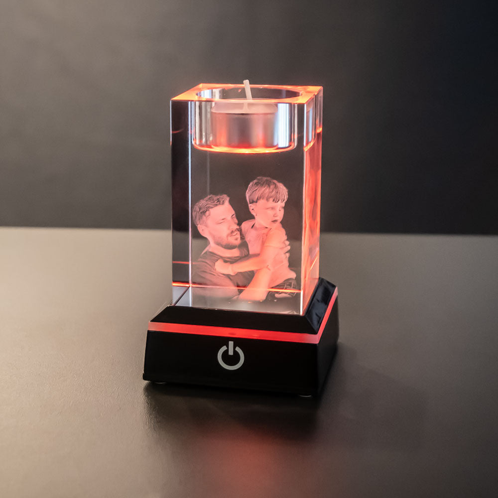 Black light base with glass block with engraved photo in red light
