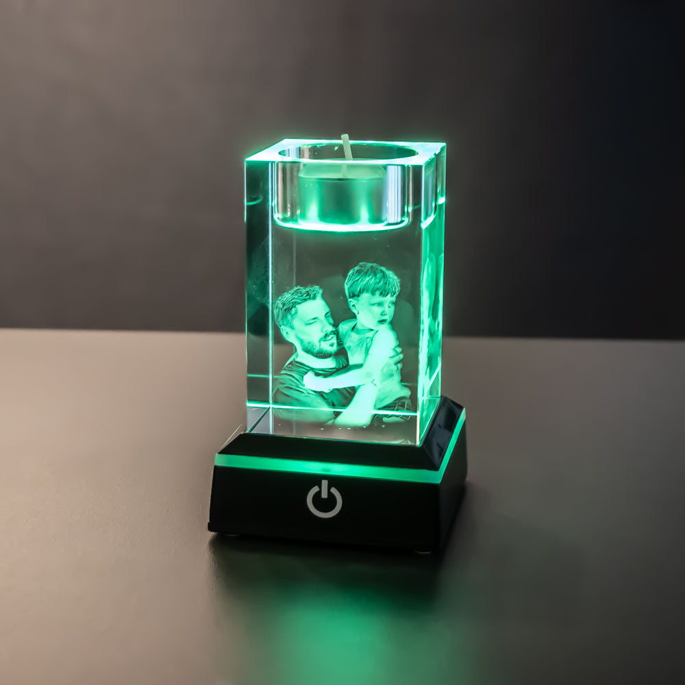 Black light base with glass block with engraved photo in green light