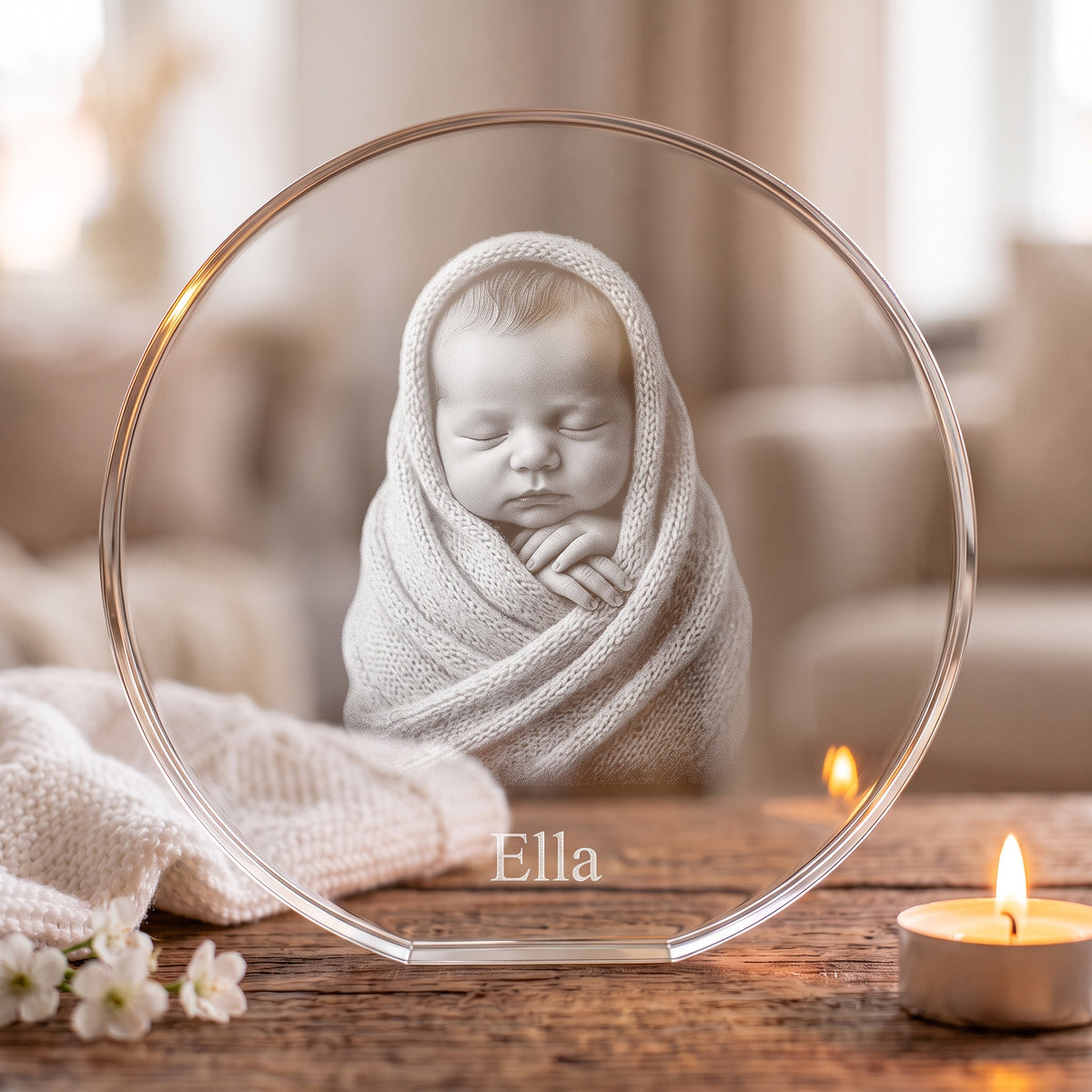 Rund glasblok med 3D-lasergraveret nyfødt baby i tæppe og navnet Ella
