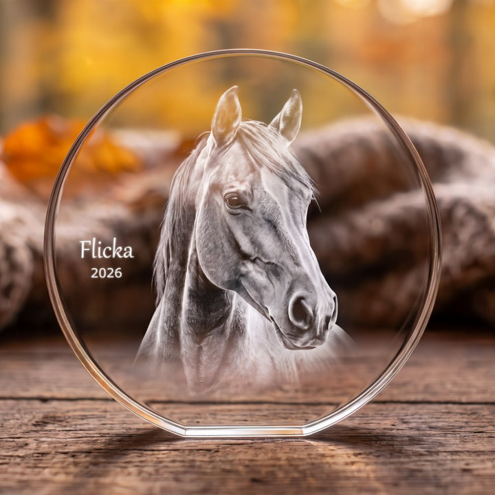 Round crystal glass block with 3D laser-engraved horse head, name and year