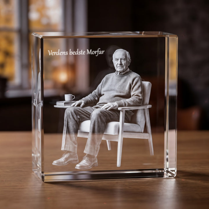 Square crystal glass block with 3D laser-engraved elderly man in an armchair and text