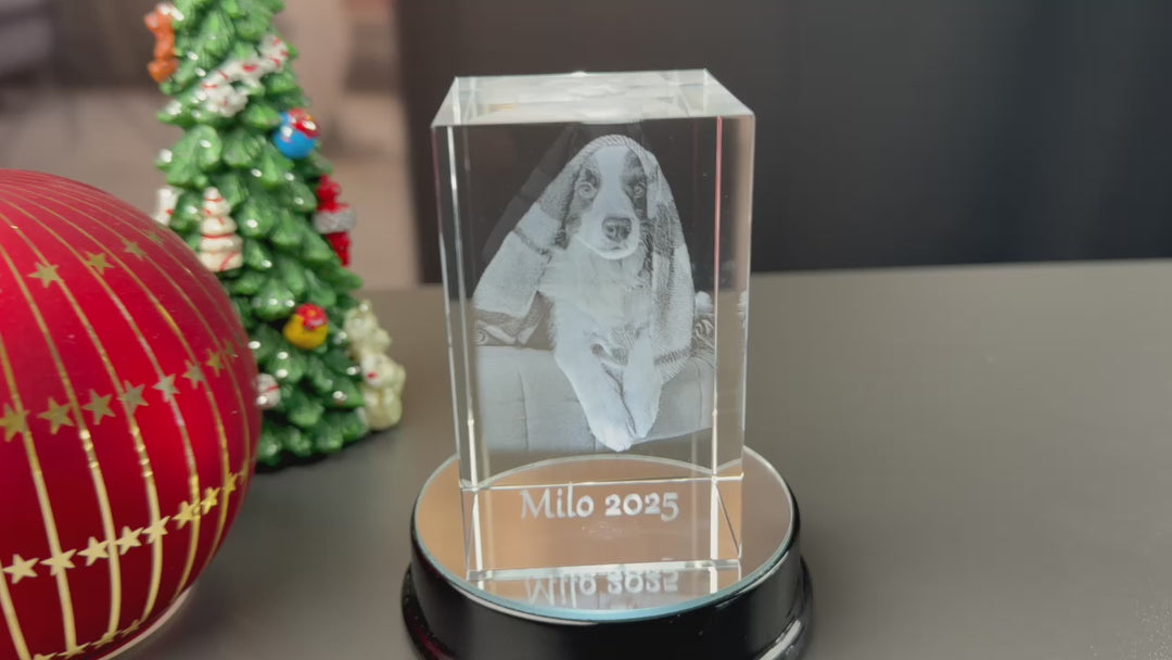 Video af rektangulær glasblok i krystalglas med 3D-lasergraveret foto