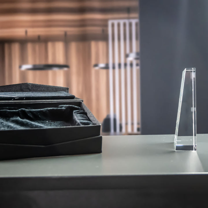 Prism award seen from the side, showing the slanted front