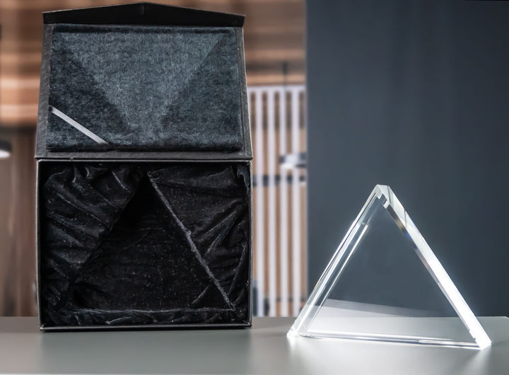 Triangular crystal glass award with black gift box