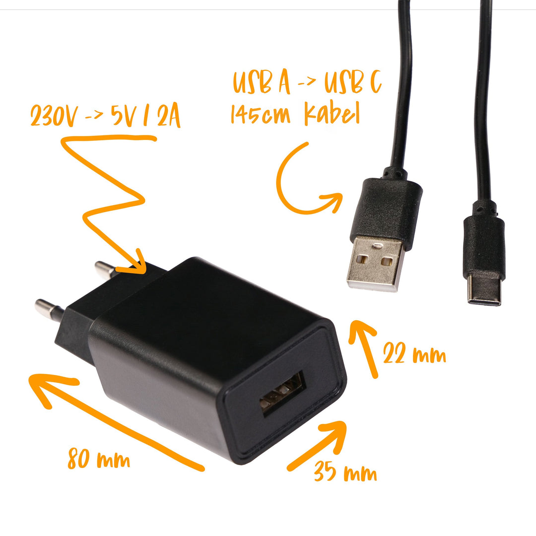 USB power supply 230 V to 5 V/2 A, 80x35x22 mm, with 145 cm USB-A to USB-C cable
