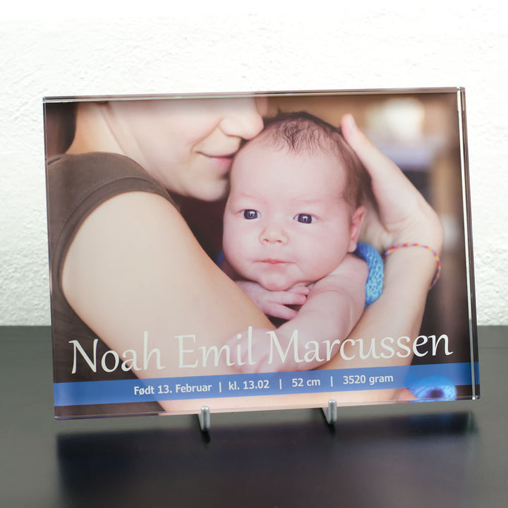 Lying print glass with colour print of mother and newborn baby with name and birth details