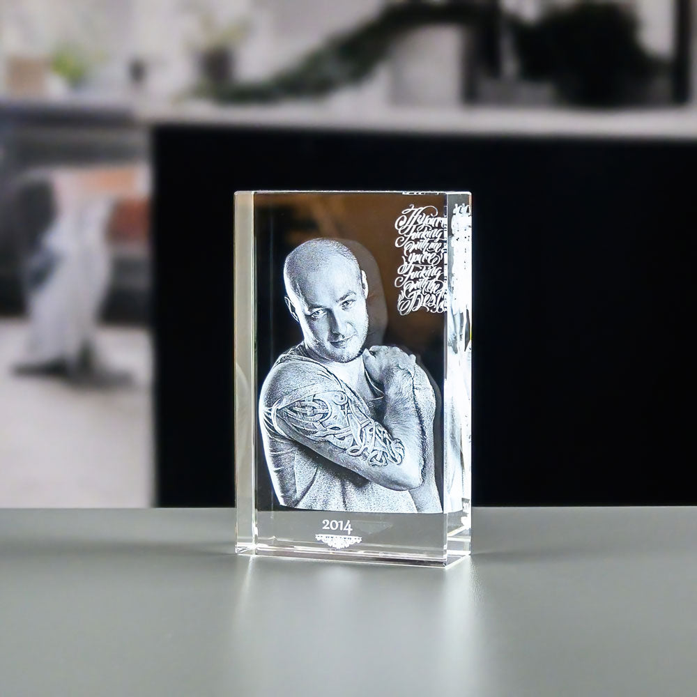 Rectangular glass block 3x8x13 cm with 3D laser-engraved portrait of a man with tattoos