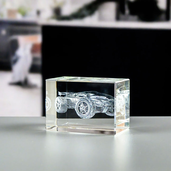 Lying rectangular glass block 65x75x110 mm with 3D laser-engraved sports car