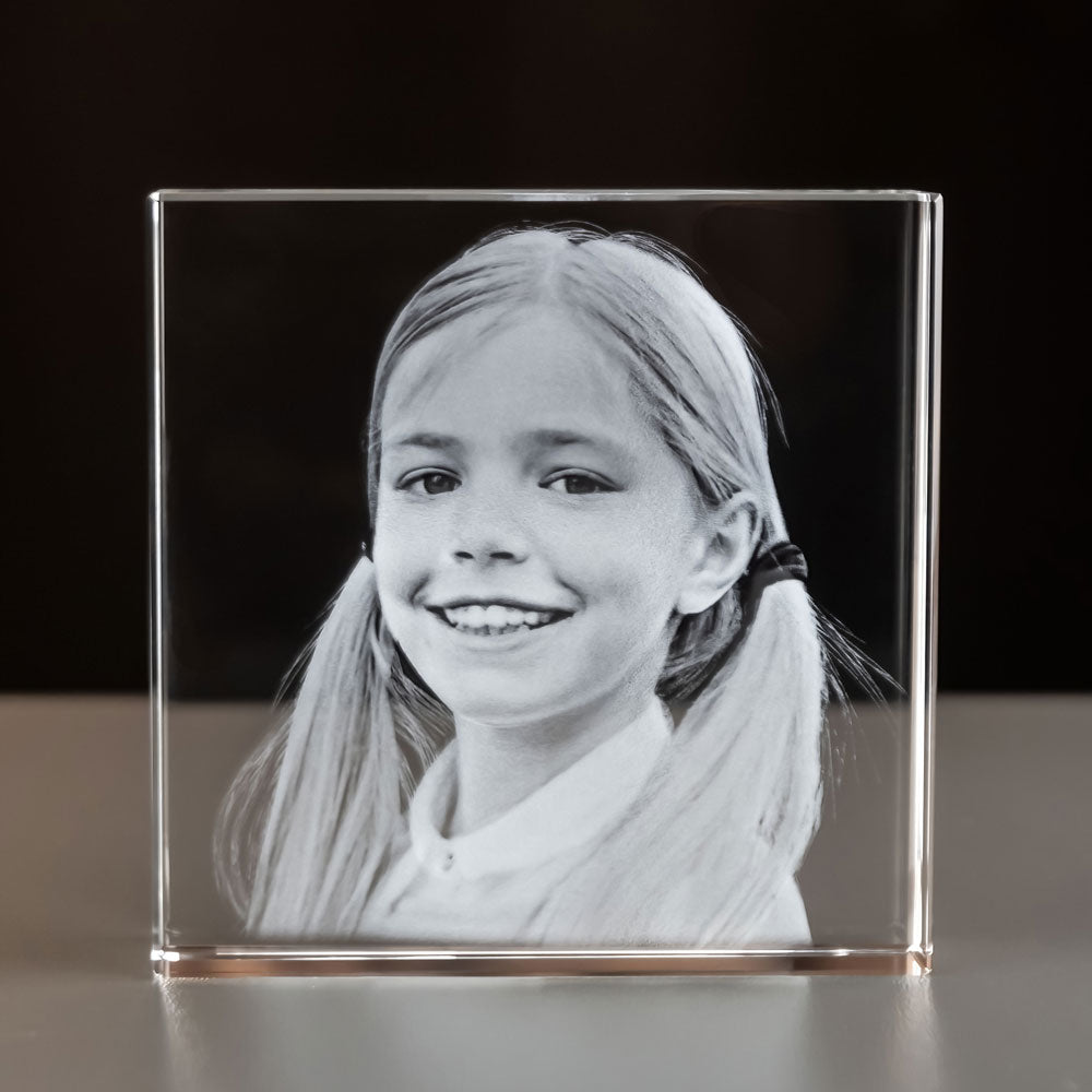 Square glass block 8x8 cm with 3D laser-engraved portrait of a girl with braids