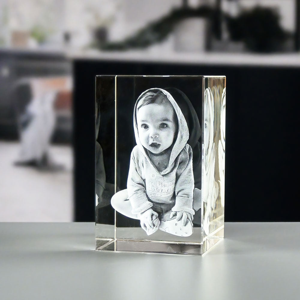 Rectangular glass block 8x8x12 cm with 3D laser-engraved child in a hoodie