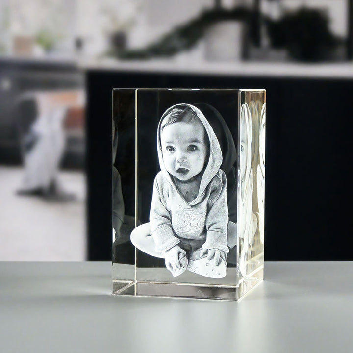 Rectangular glass block 8x8x12 cm with 3D laser-engraved child in a hoodie