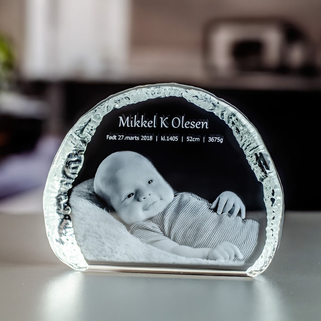 Small iceberg-shaped crystal glass block with 3D laser-engraved newborn baby and name