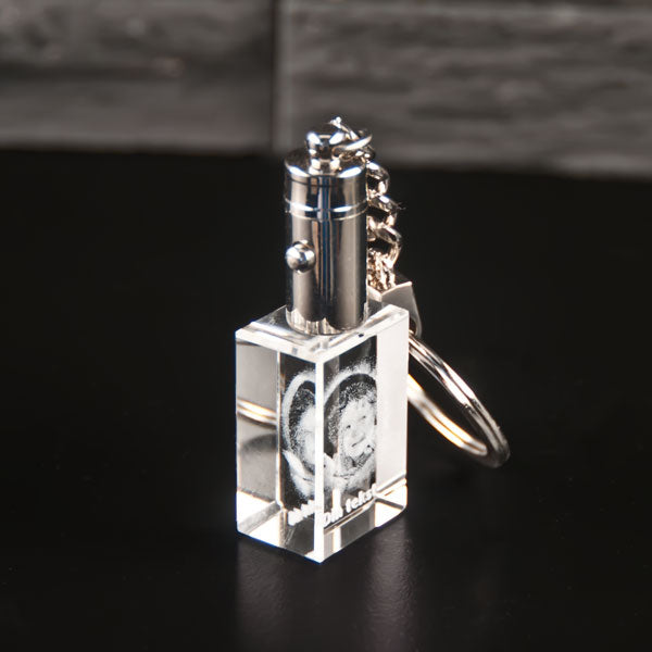 Crystal glass keyring with light seen from the side