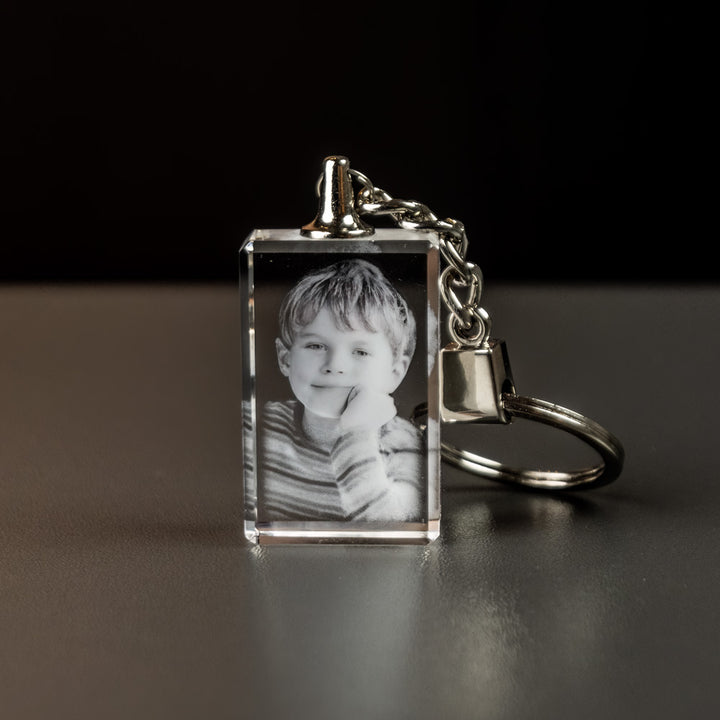 Large crystal glass keyring with 2D laser-engraved photo of a child