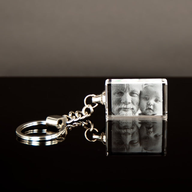 Large crystal glass keyring with engraved photo of two children